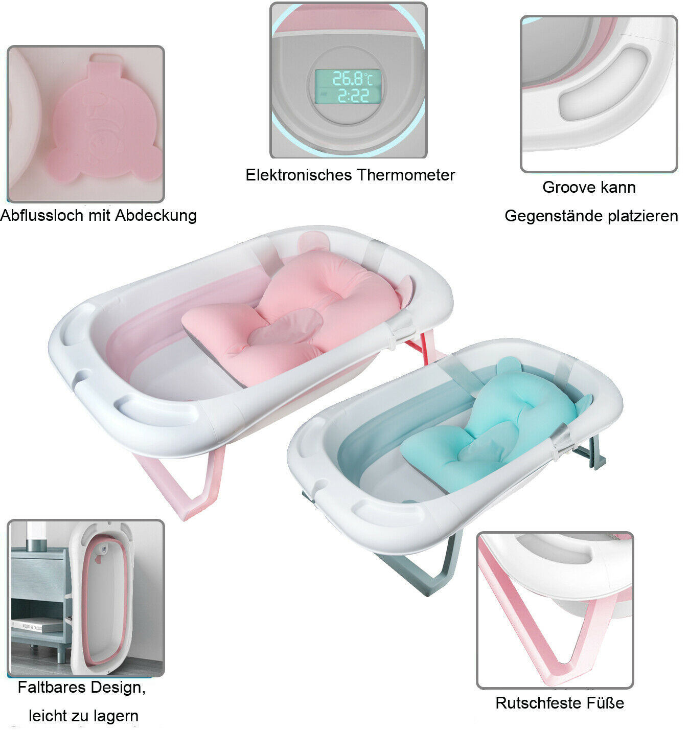 可折叠婴儿枕头带温度指示器的婴儿浴缸防滑浴缸